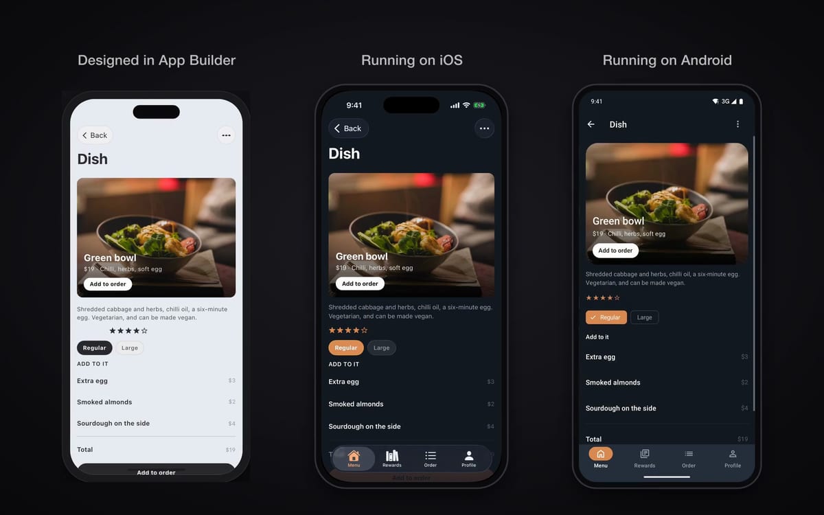 One screen designed in the App Builder, running on iOS and on Android