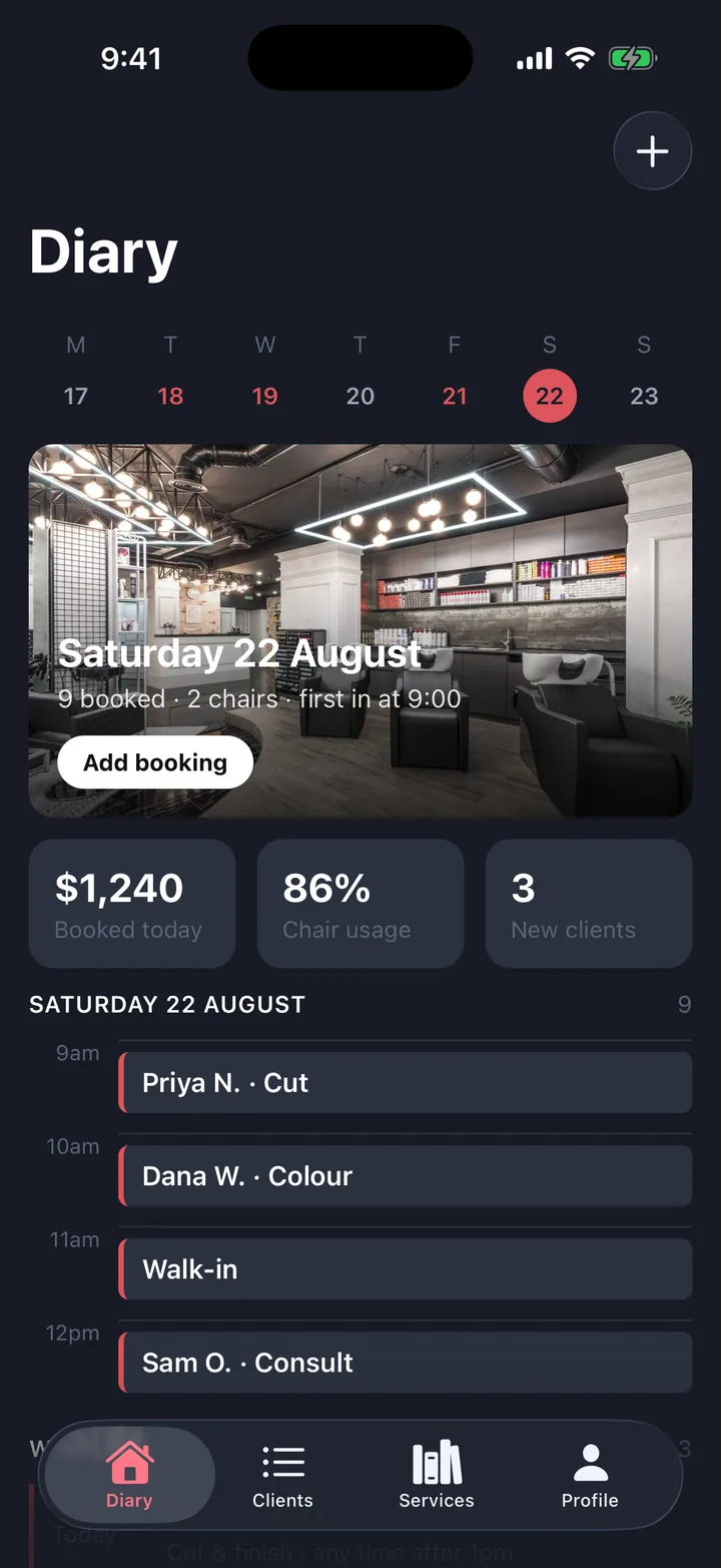 Bookings & appointments: Diary on iOS