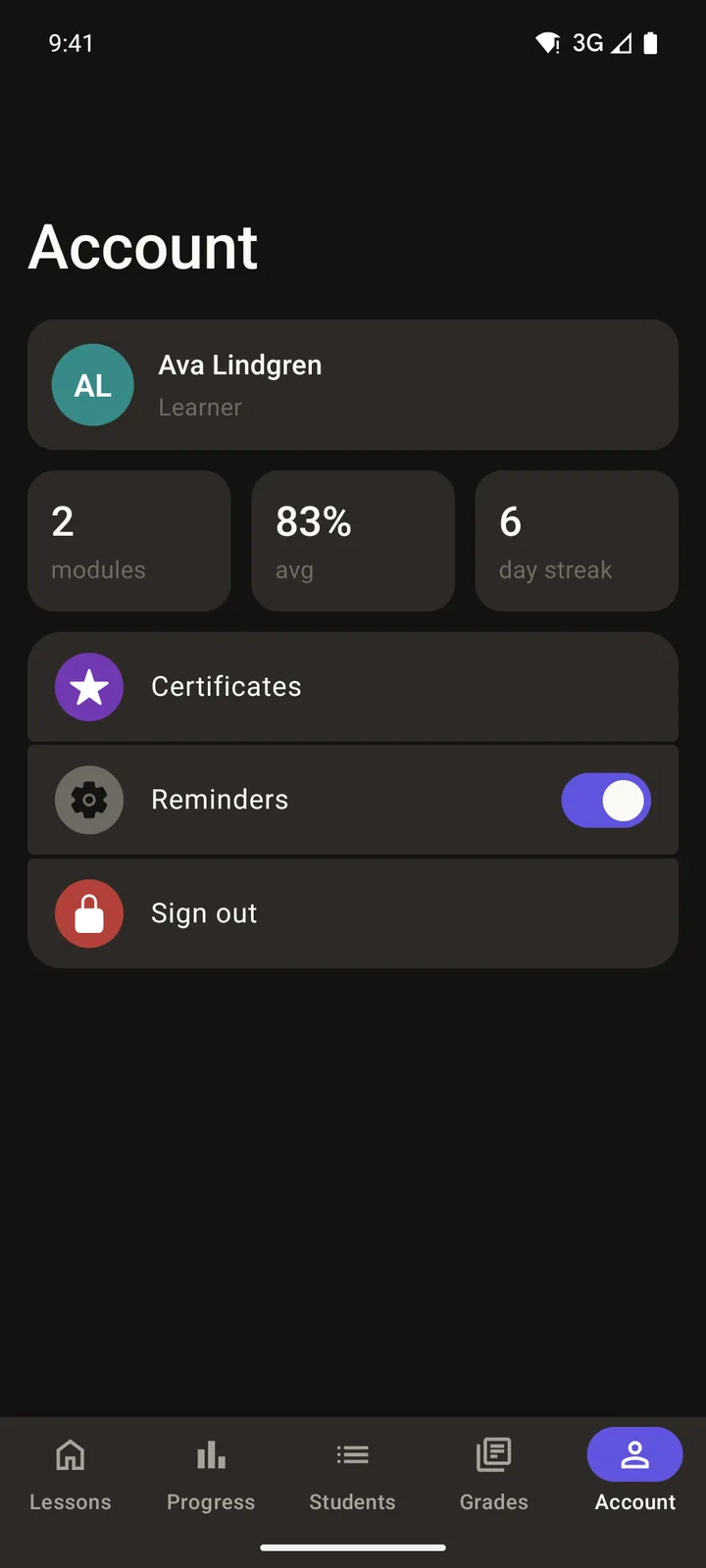 Brightpath Courses: Account on Android, dark