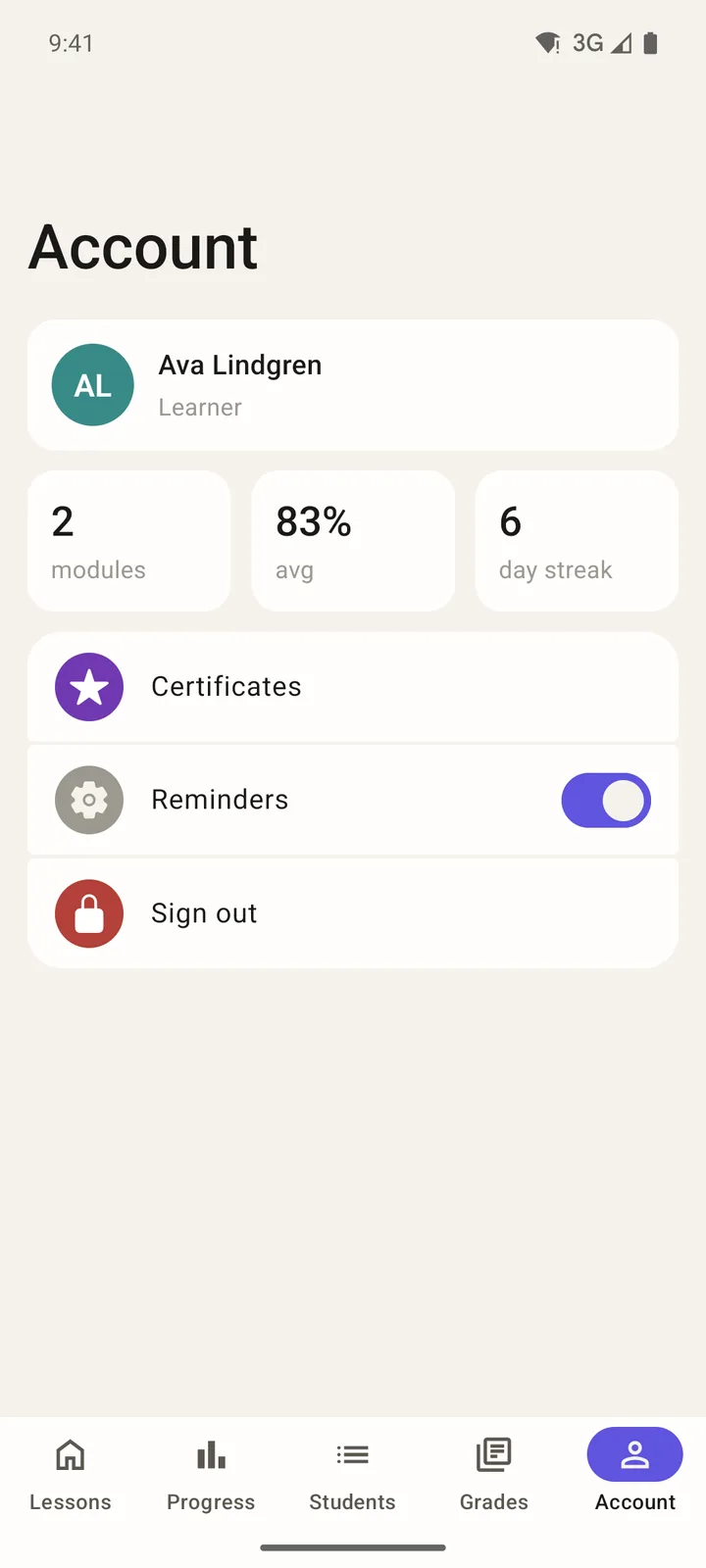 Brightpath Courses: Account on Android, light