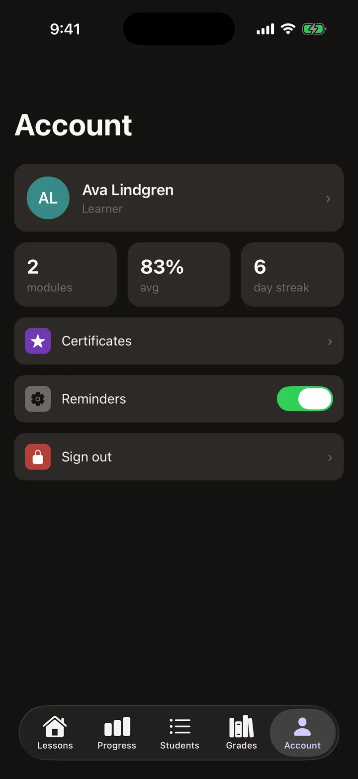 Brightpath Courses: Account on iOS, dark
