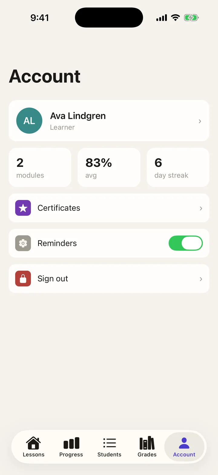 Brightpath Courses: Account on iOS, light