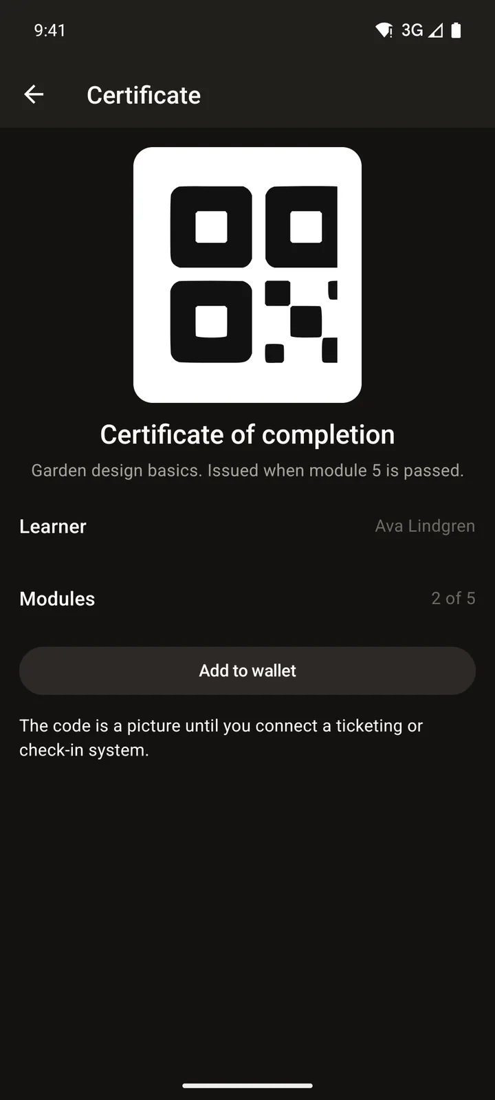 Brightpath Courses: Certificate on Android, dark