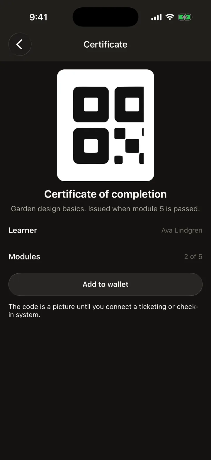 Brightpath Courses: Certificate on iOS, dark