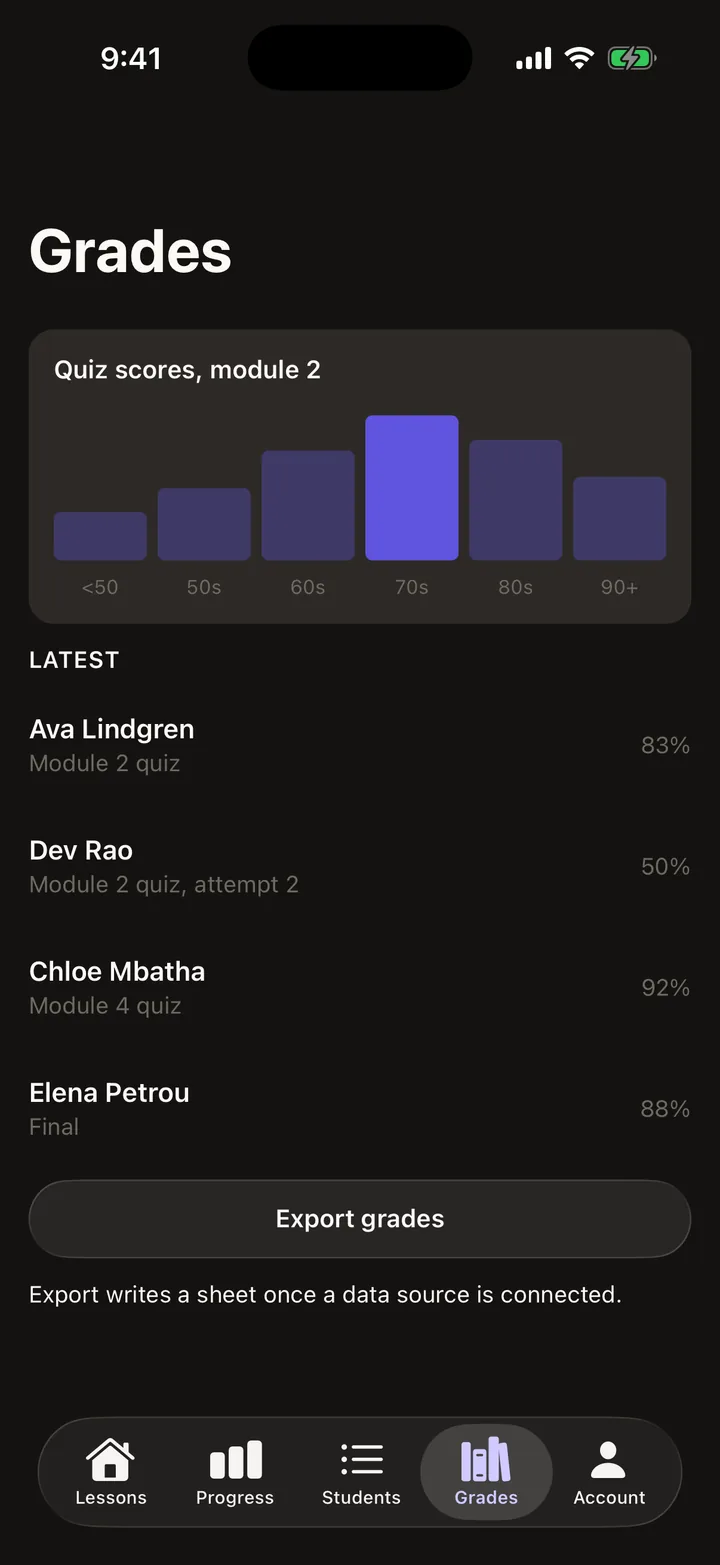 Brightpath Courses: Grades on iOS, dark