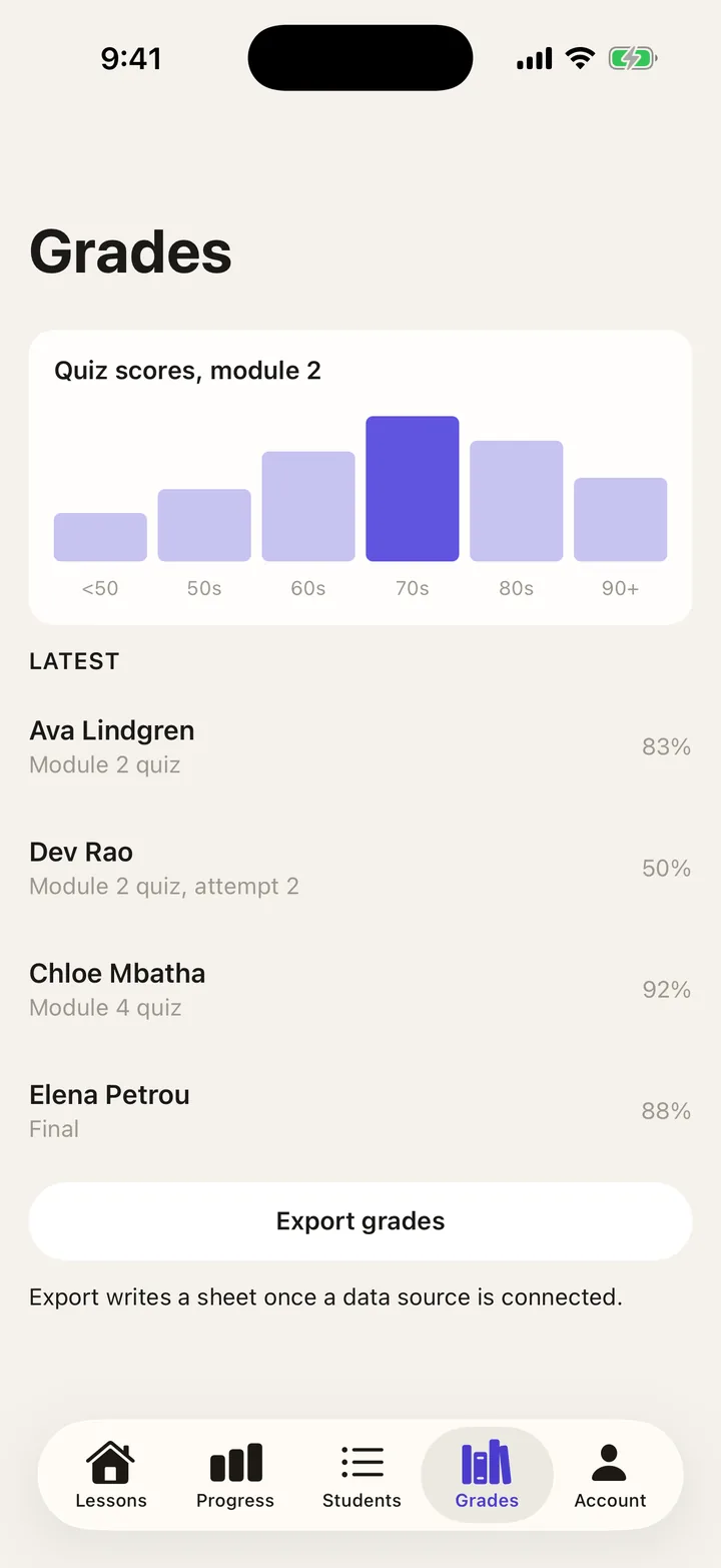 Brightpath Courses: Grades on iOS, light