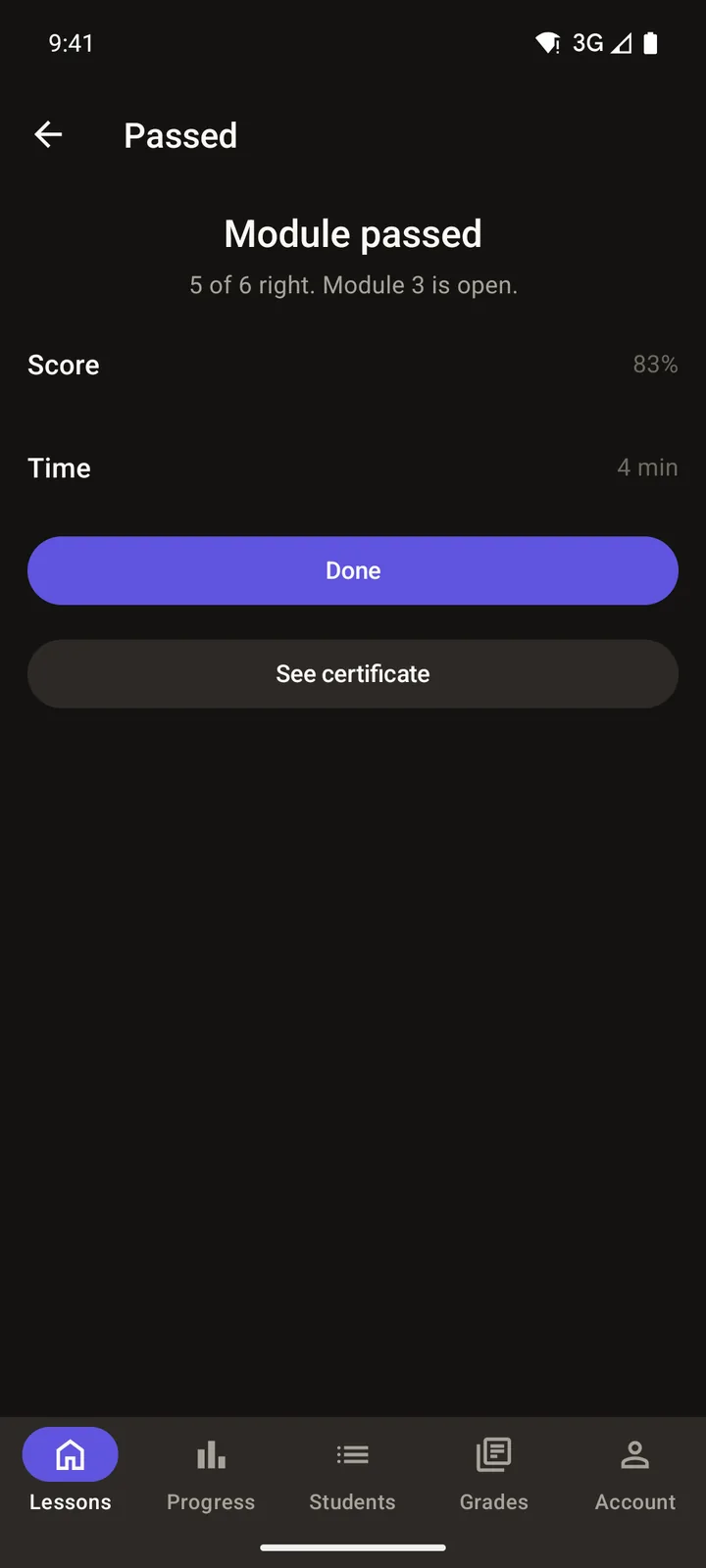 Brightpath Courses: Passed on Android, dark