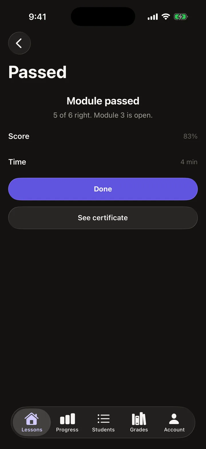 Brightpath Courses: Passed on iOS, dark