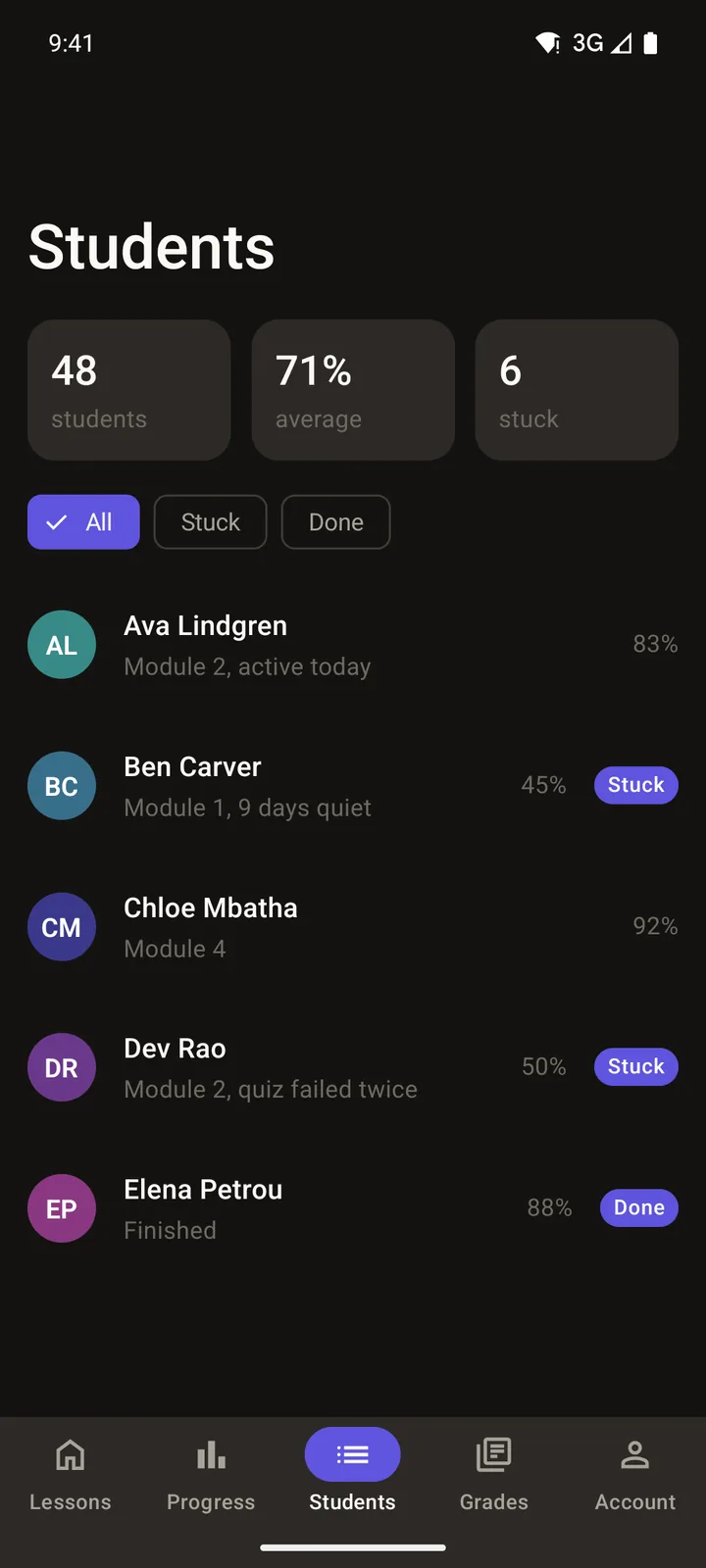 Brightpath Courses: Students on Android, dark