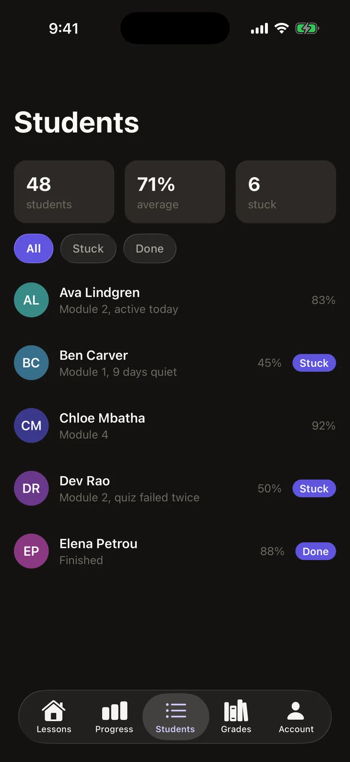 Brightpath Courses: Students on iOS, dark