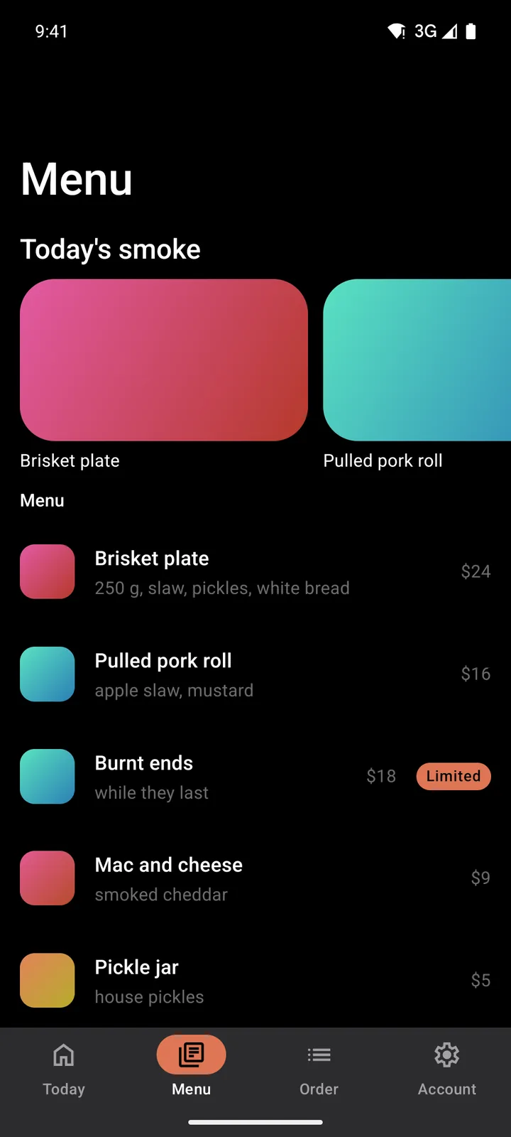 Brisket Brothers: Menu on Android, dark
