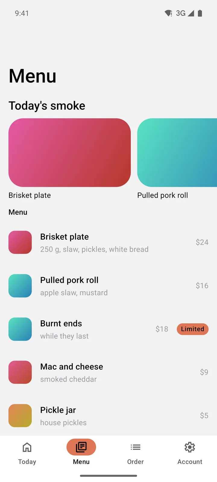 Brisket Brothers: Menu on Android, light