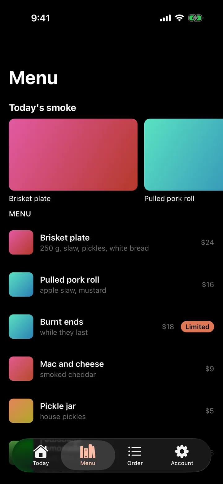 Brisket Brothers: Menu on iOS, dark