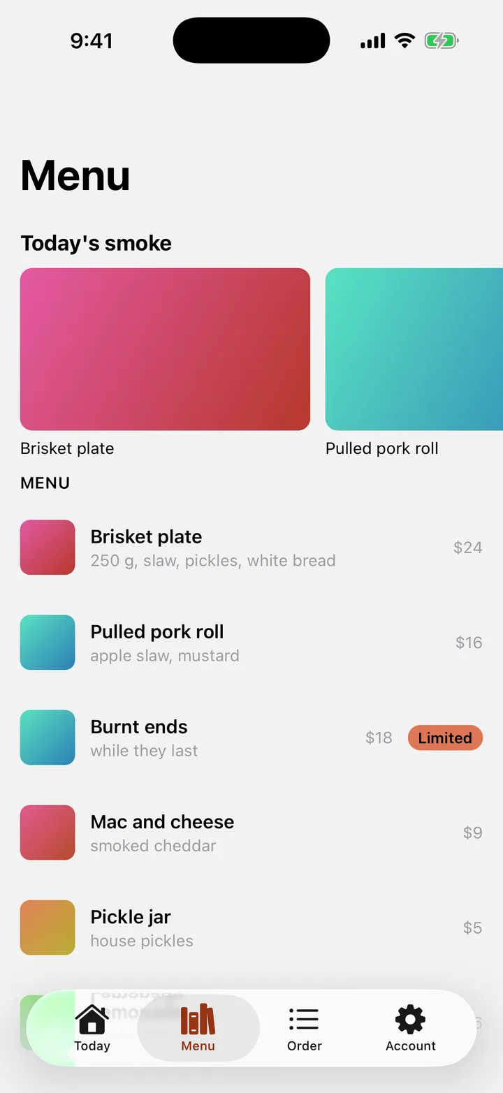 Brisket Brothers: Menu on iOS, light