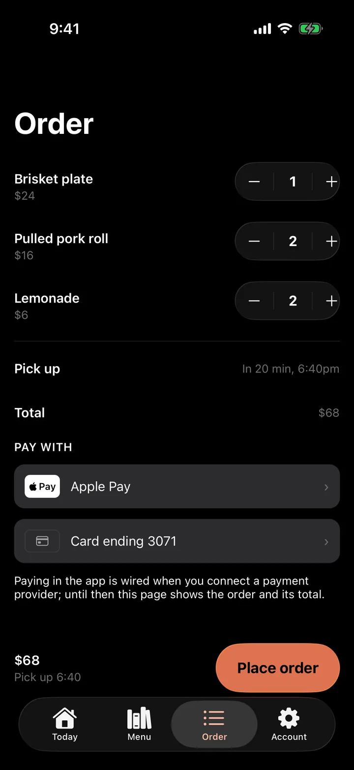 Brisket Brothers: Order on iOS, dark