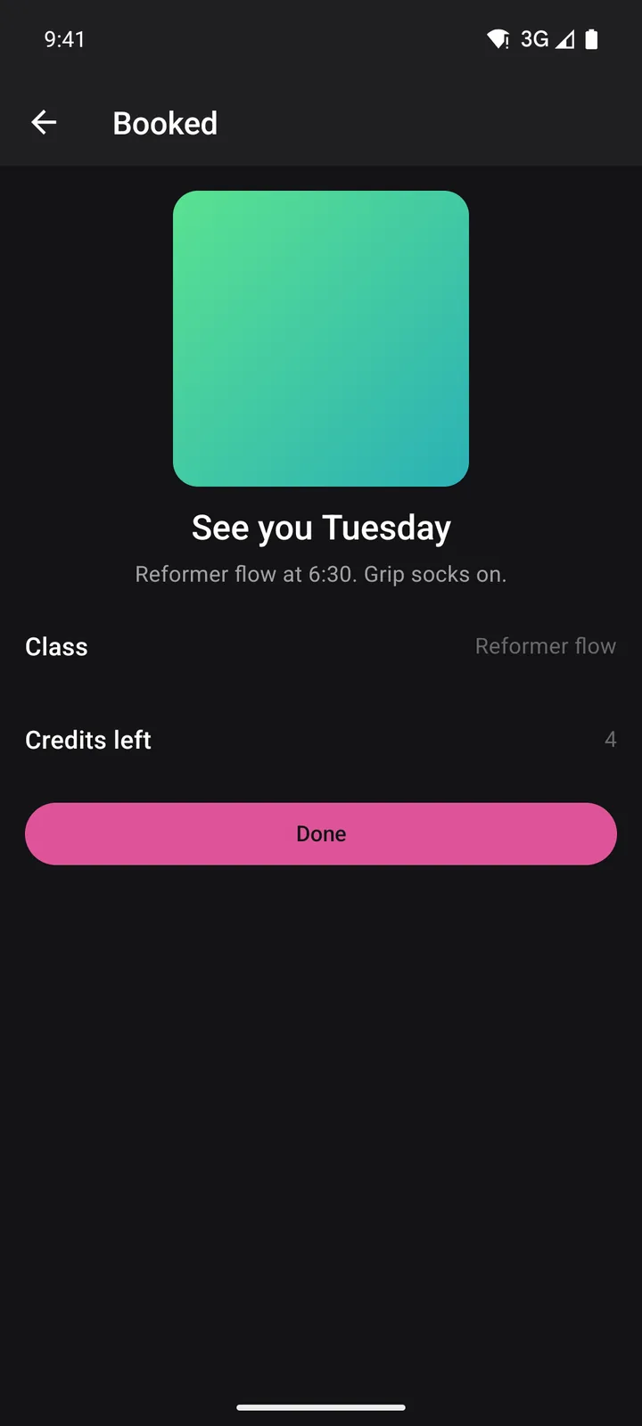 Corefold Pilates: Booked on Android, dark