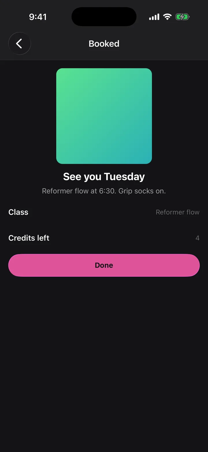 Corefold Pilates: Booked on iOS, dark