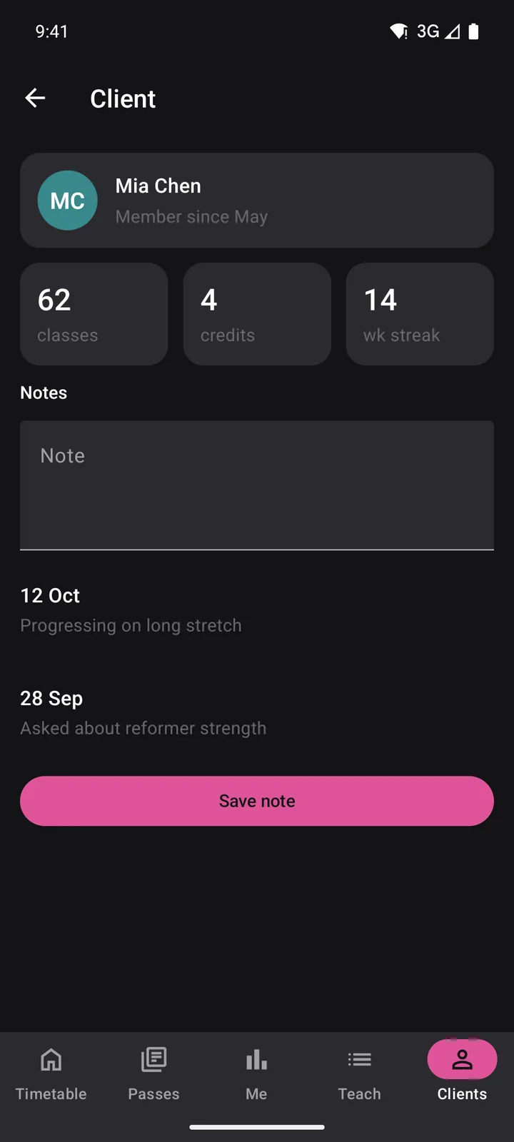 Corefold Pilates: Client on Android, dark