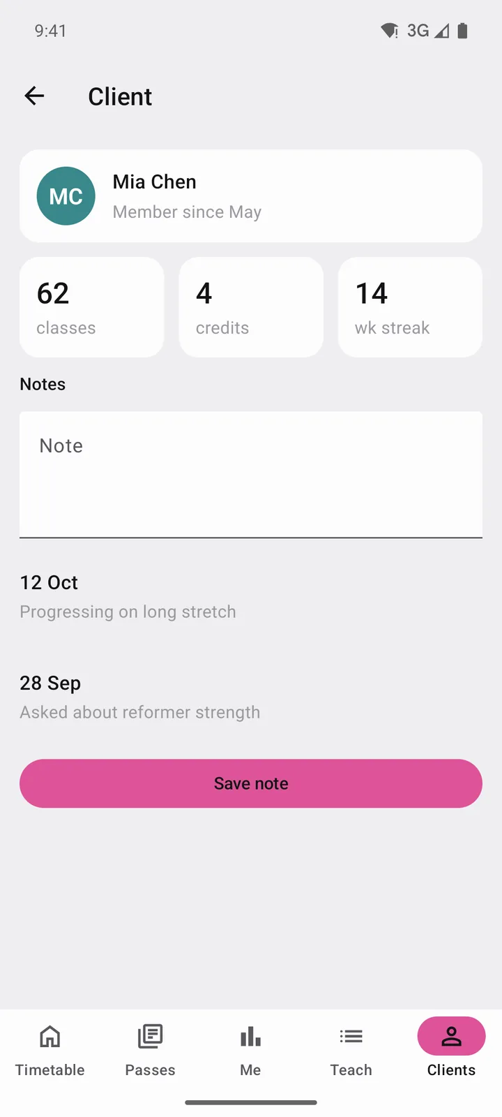 Corefold Pilates: Client on Android, light