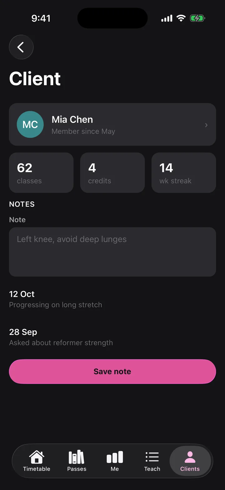 Corefold Pilates: Client on iOS, dark