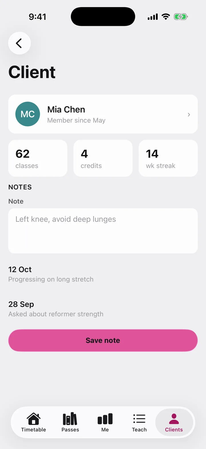 Corefold Pilates: Client on iOS, light