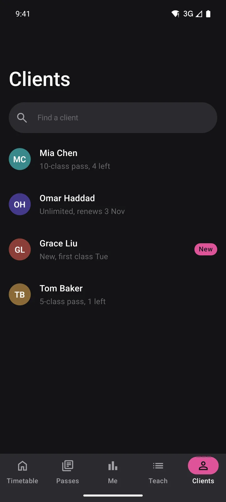 Corefold Pilates: Clients on Android, dark
