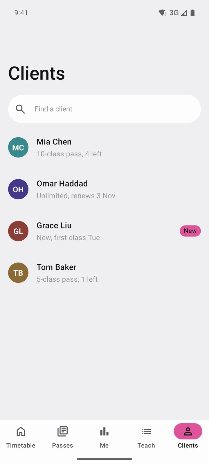 Corefold Pilates: Clients on Android, light