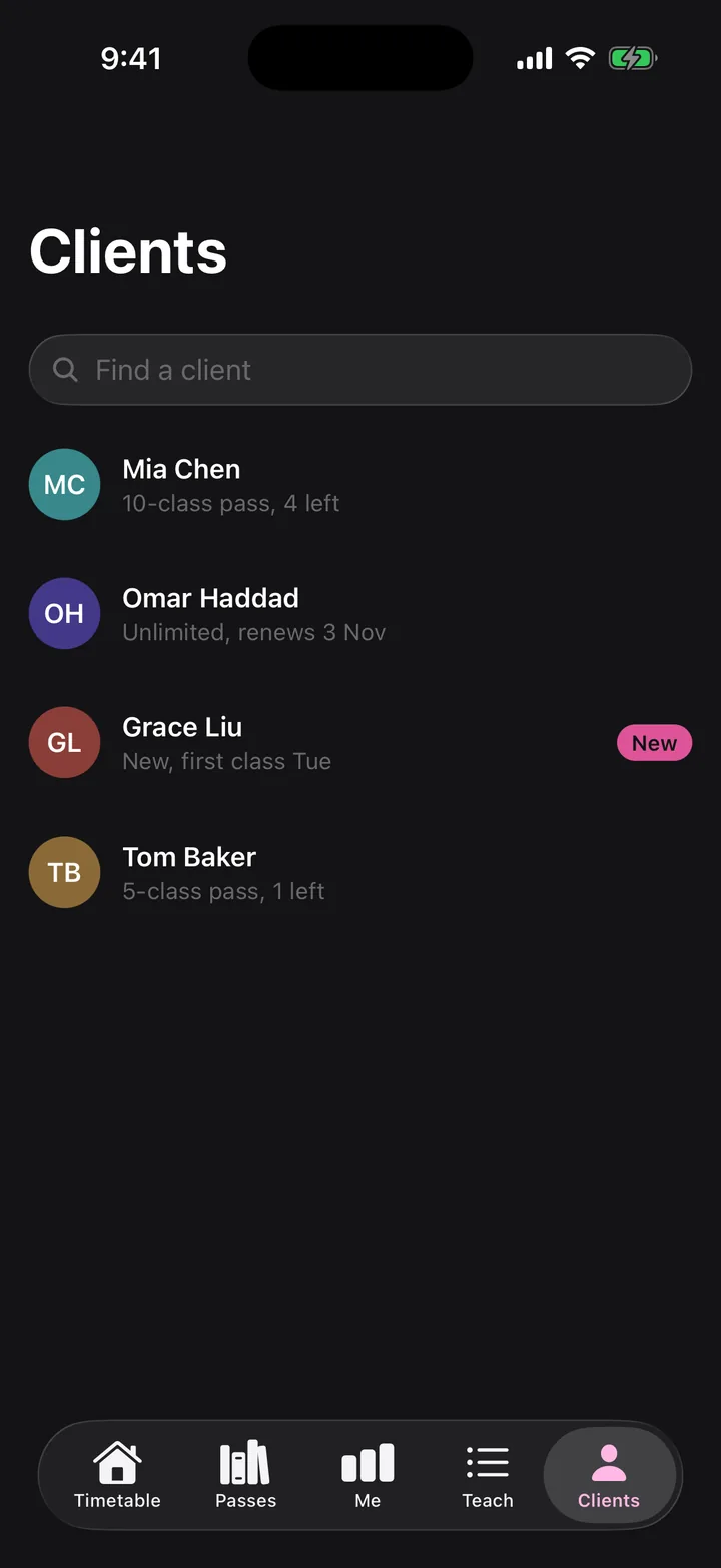 Corefold Pilates: Clients on iOS, dark
