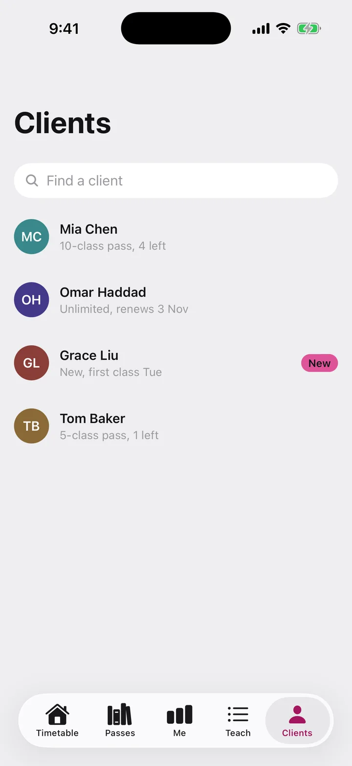 Corefold Pilates: Clients on iOS, light