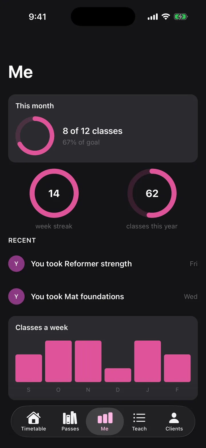 Corefold Pilates: Me on iOS, dark