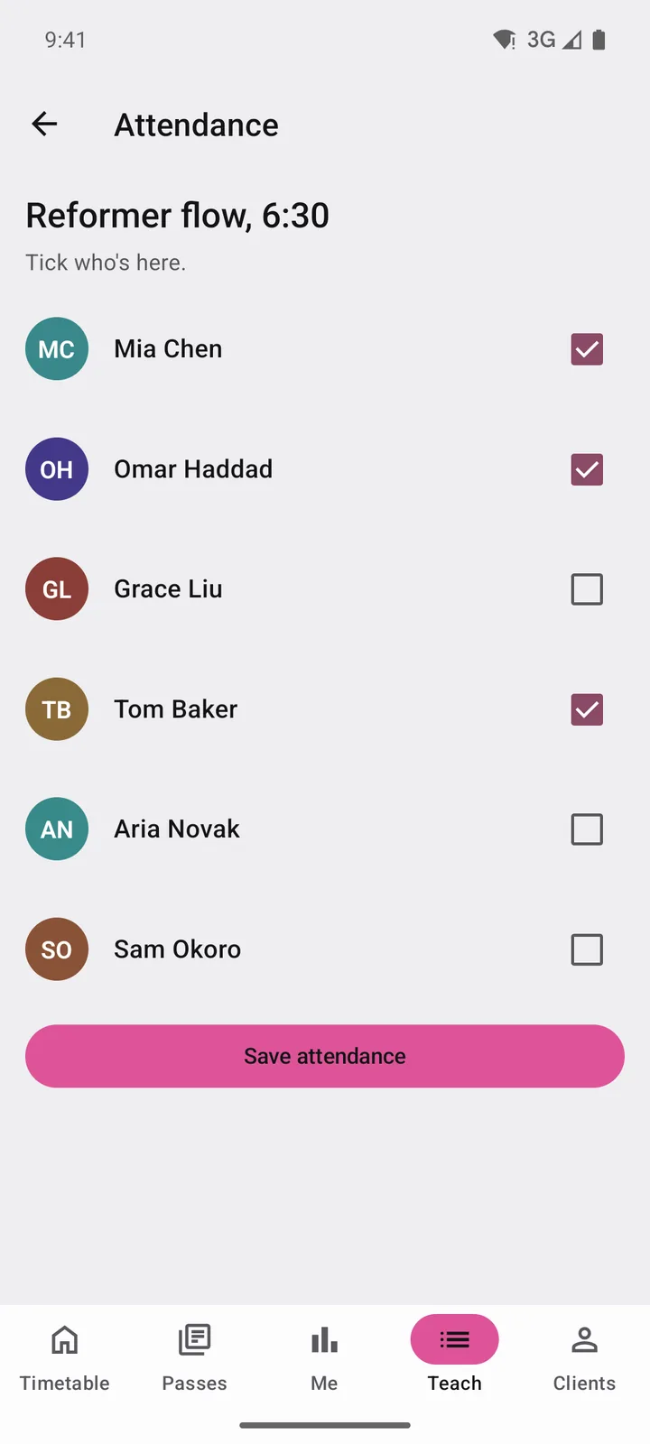 Corefold Pilates: Attendance on Android, light