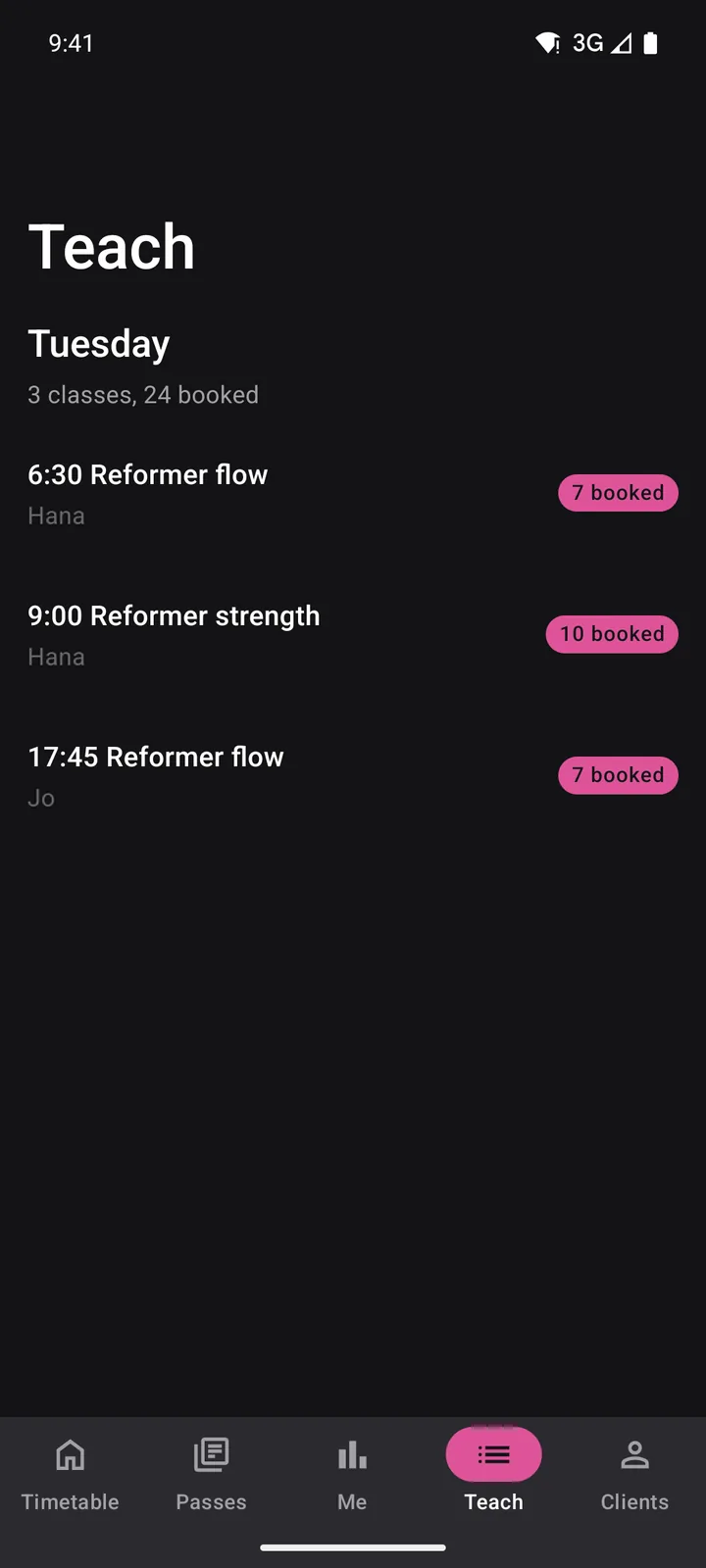 Corefold Pilates: Teach on Android, dark
