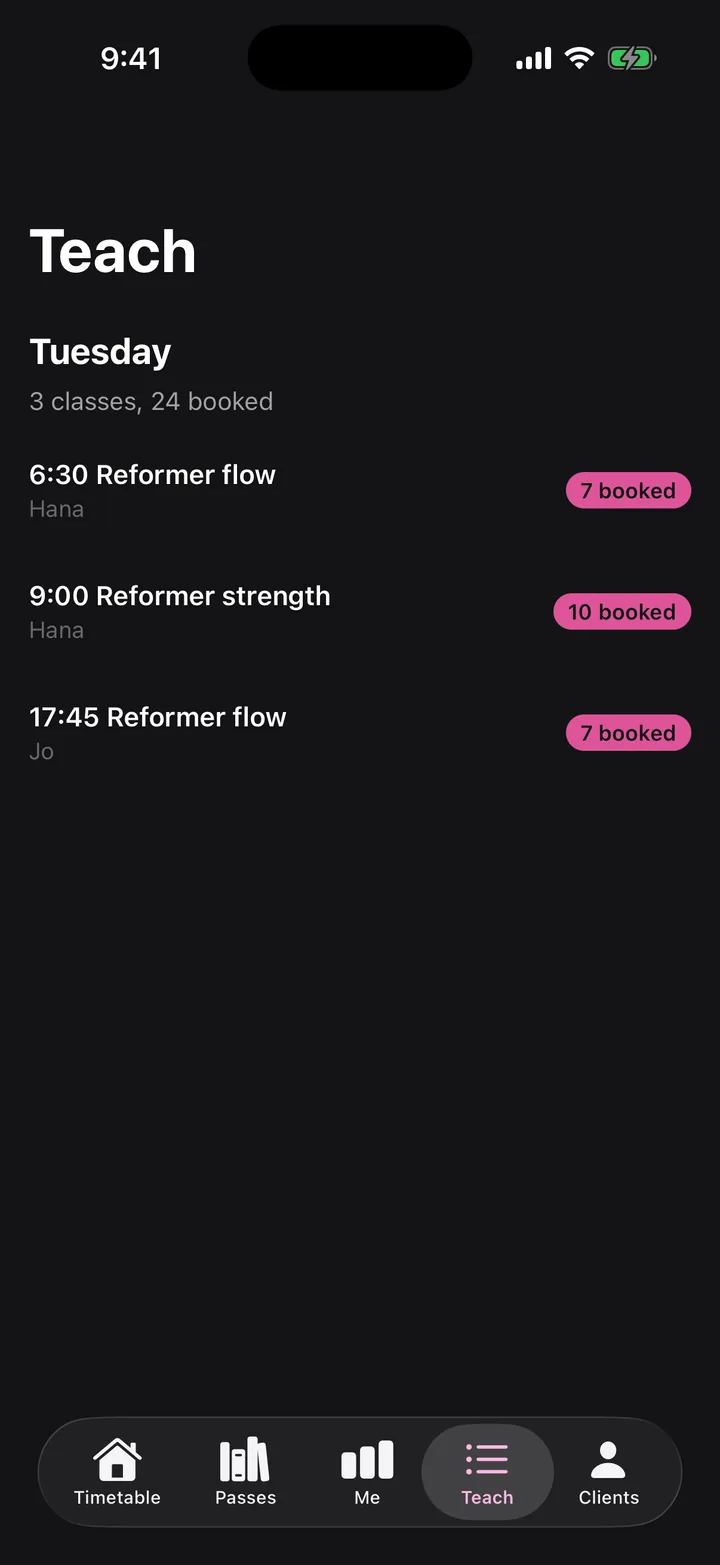 Corefold Pilates: Teach on iOS, dark