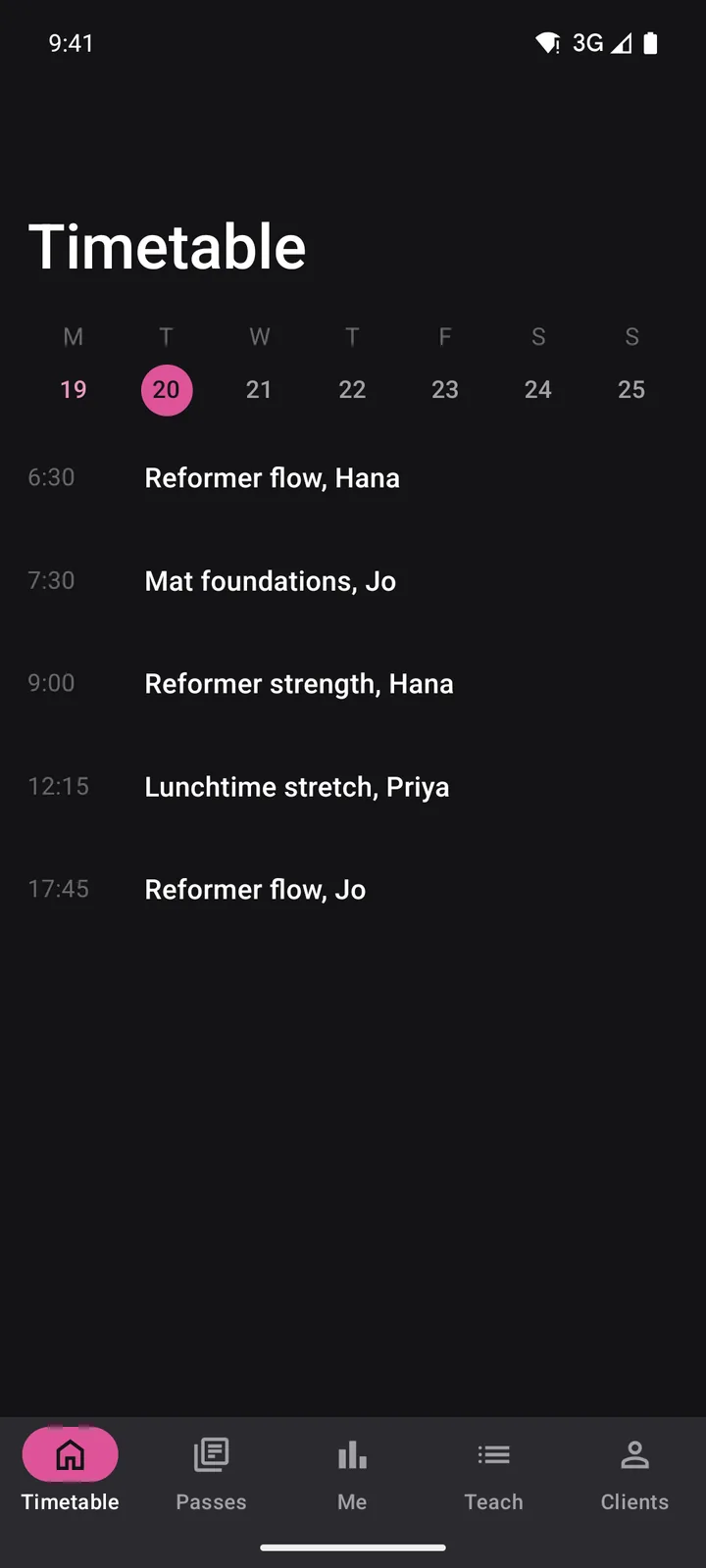 Corefold Pilates: Timetable on Android, dark