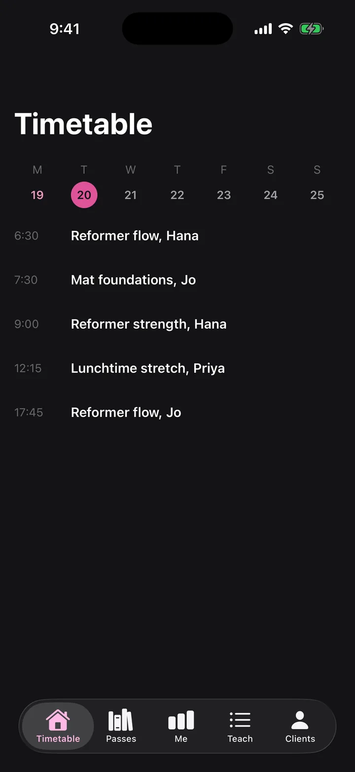 Corefold Pilates: Timetable on iOS, dark