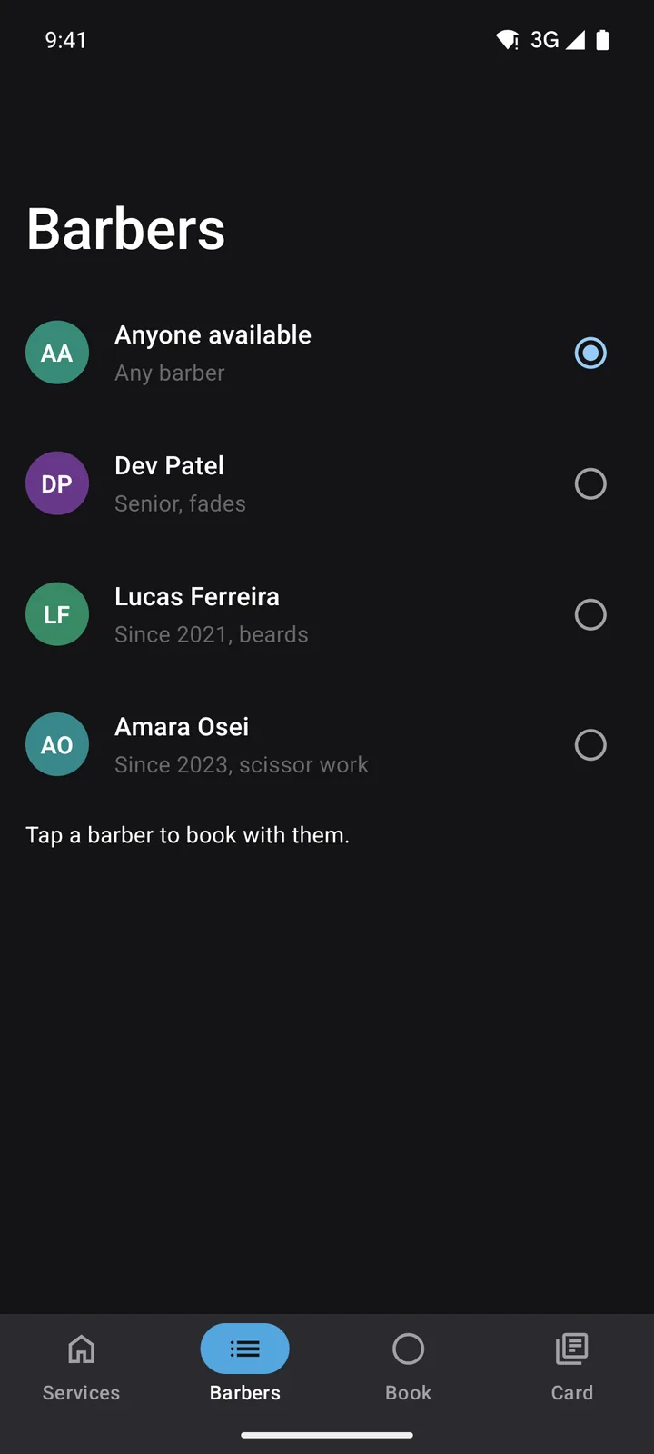 Fade Room: Barbers on Android, dark