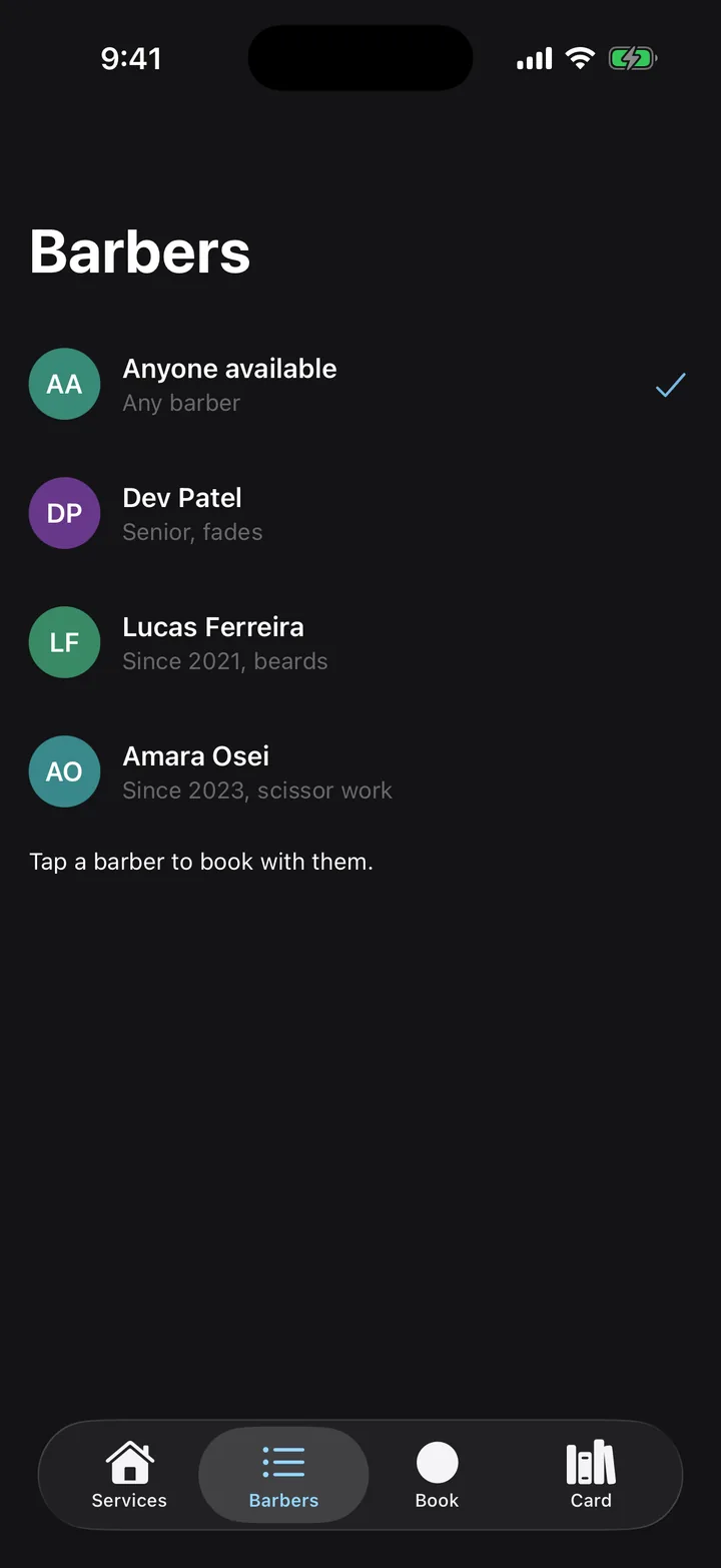 Fade Room: Barbers on iOS, dark