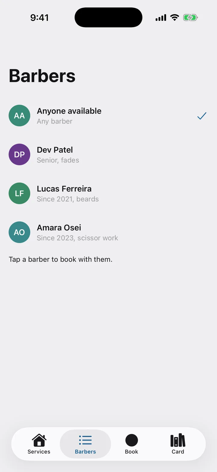Fade Room: Barbers on iOS, light