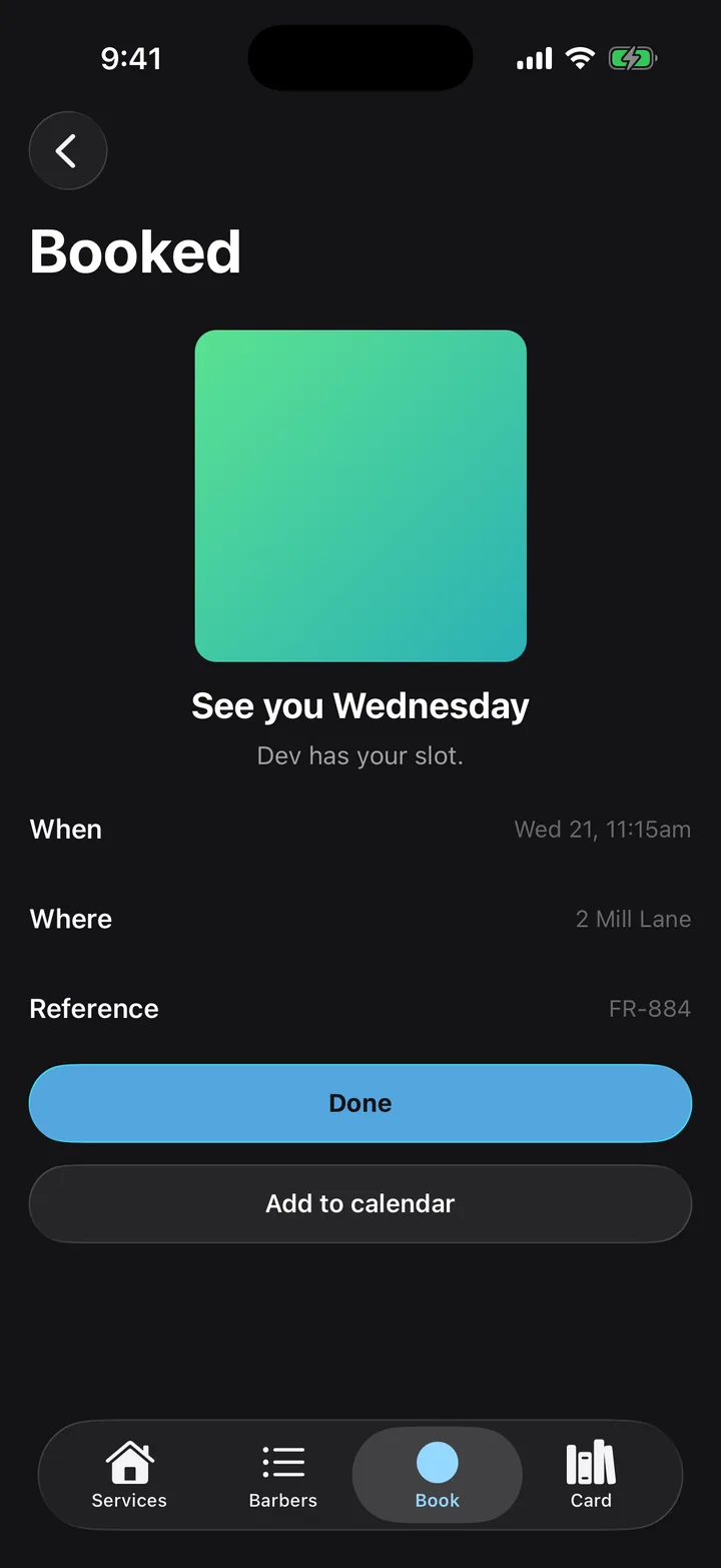 Fade Room: Booked on iOS, dark