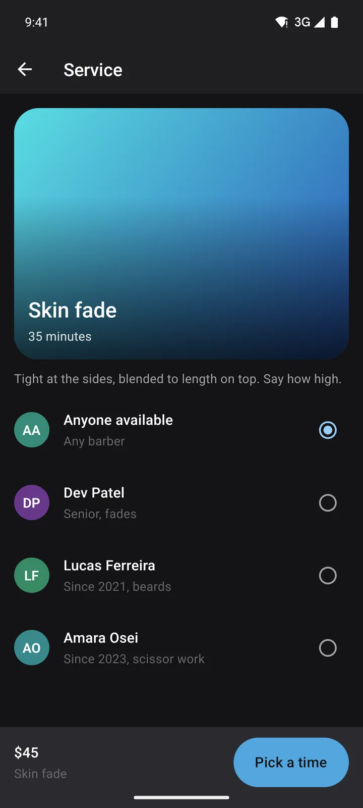 Fade Room: Service on Android, dark