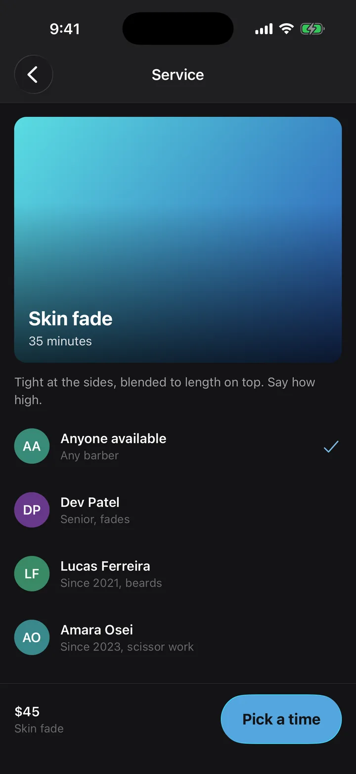 Fade Room: Service on iOS, dark
