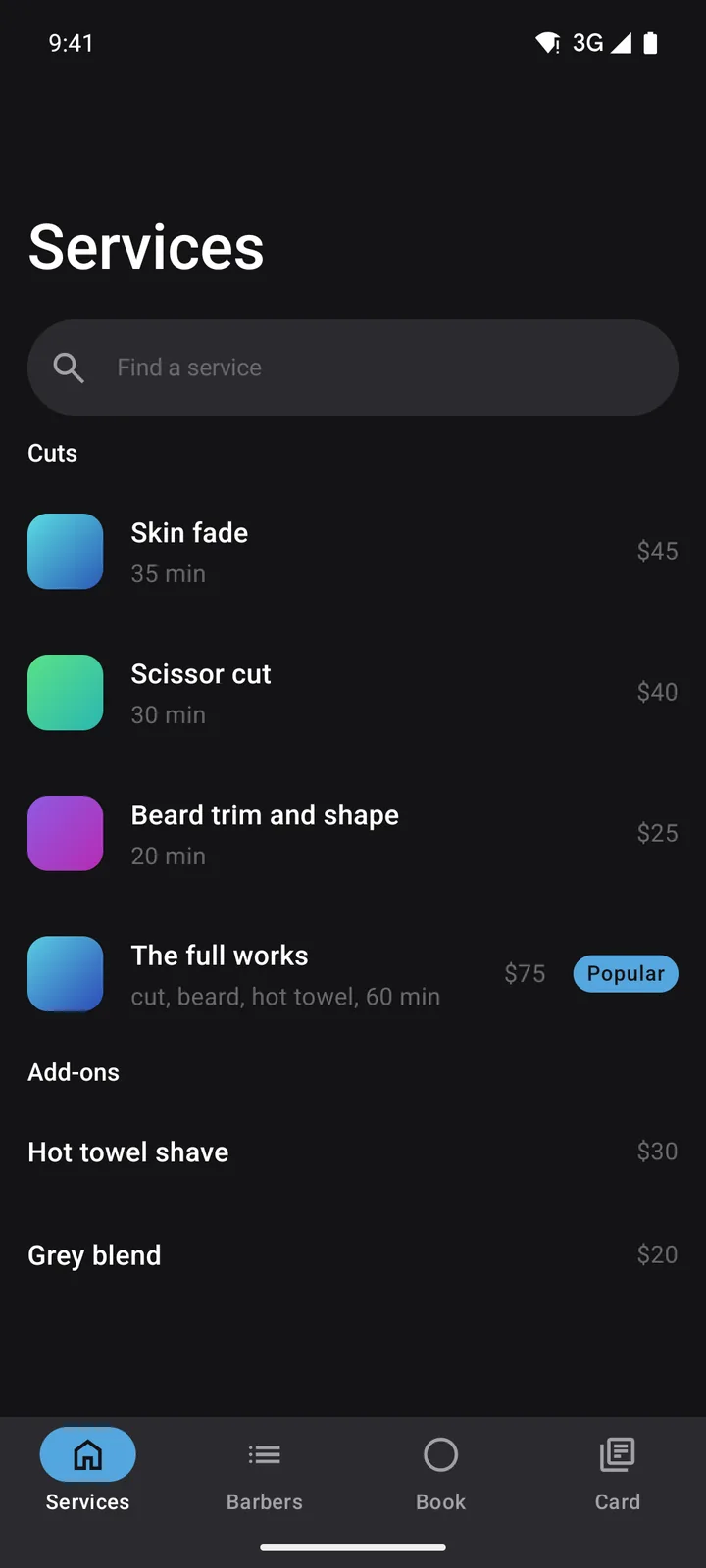 Fade Room: Services on Android, dark