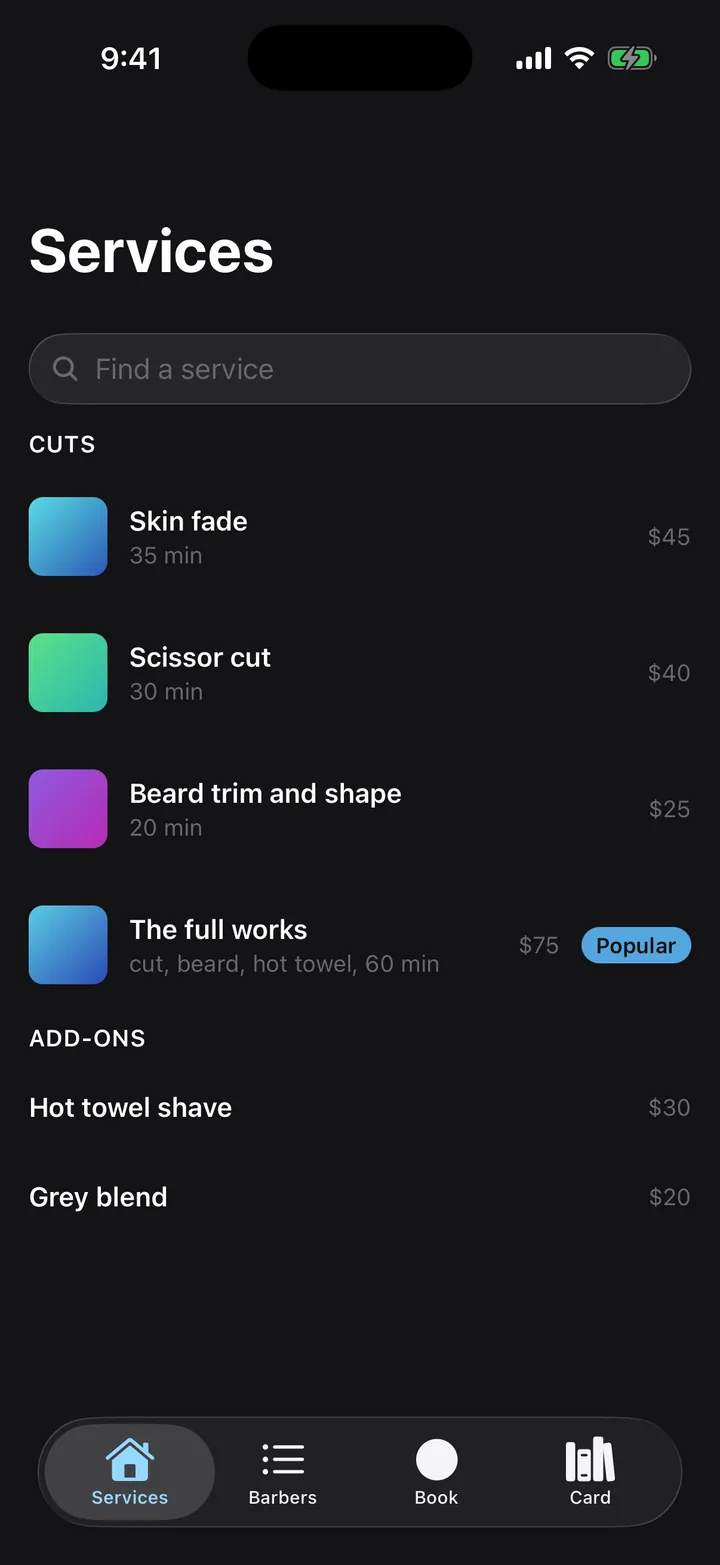 Fade Room: Services on iOS, dark