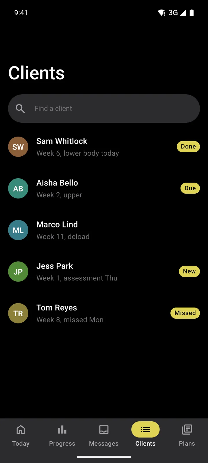 Forge PT: Clients on Android, dark