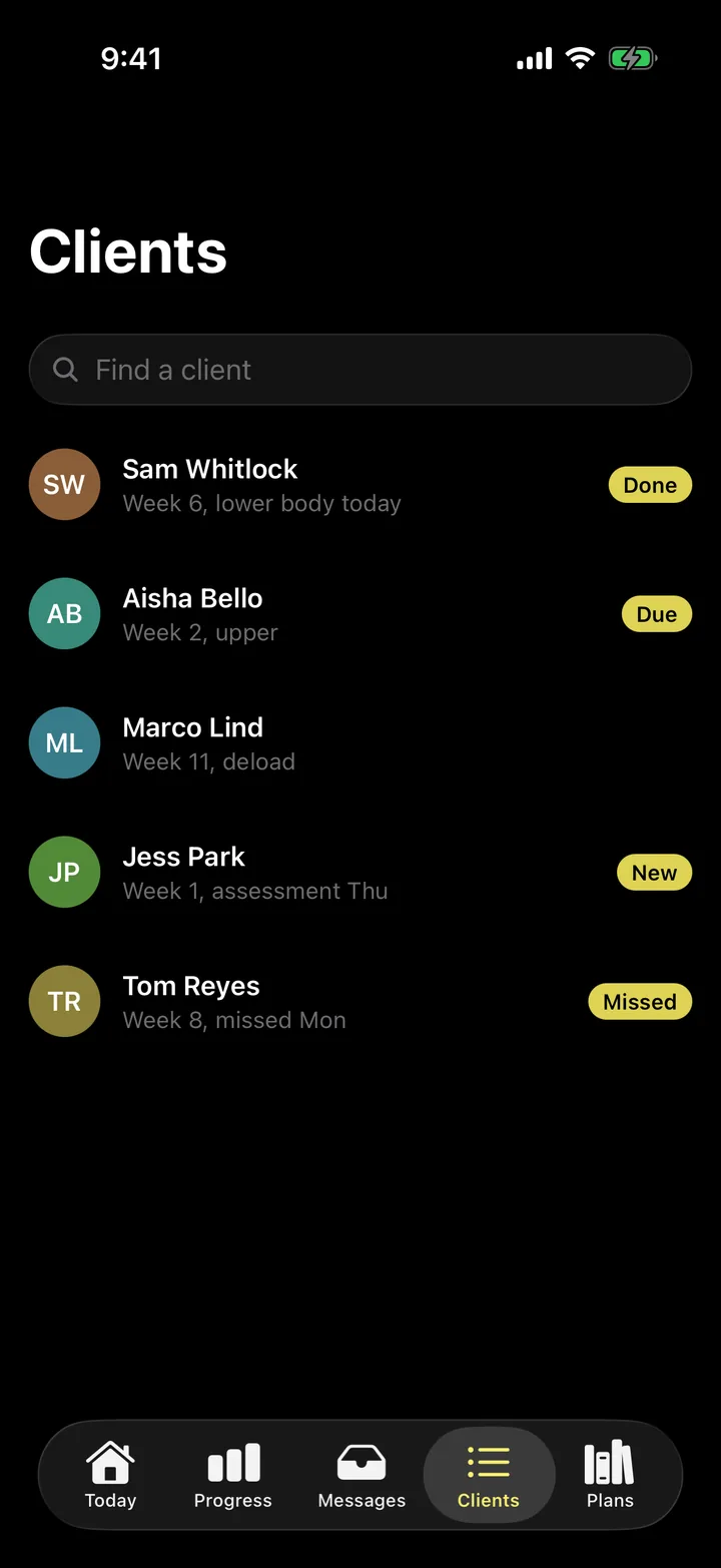 Forge PT: Clients on iOS, dark
