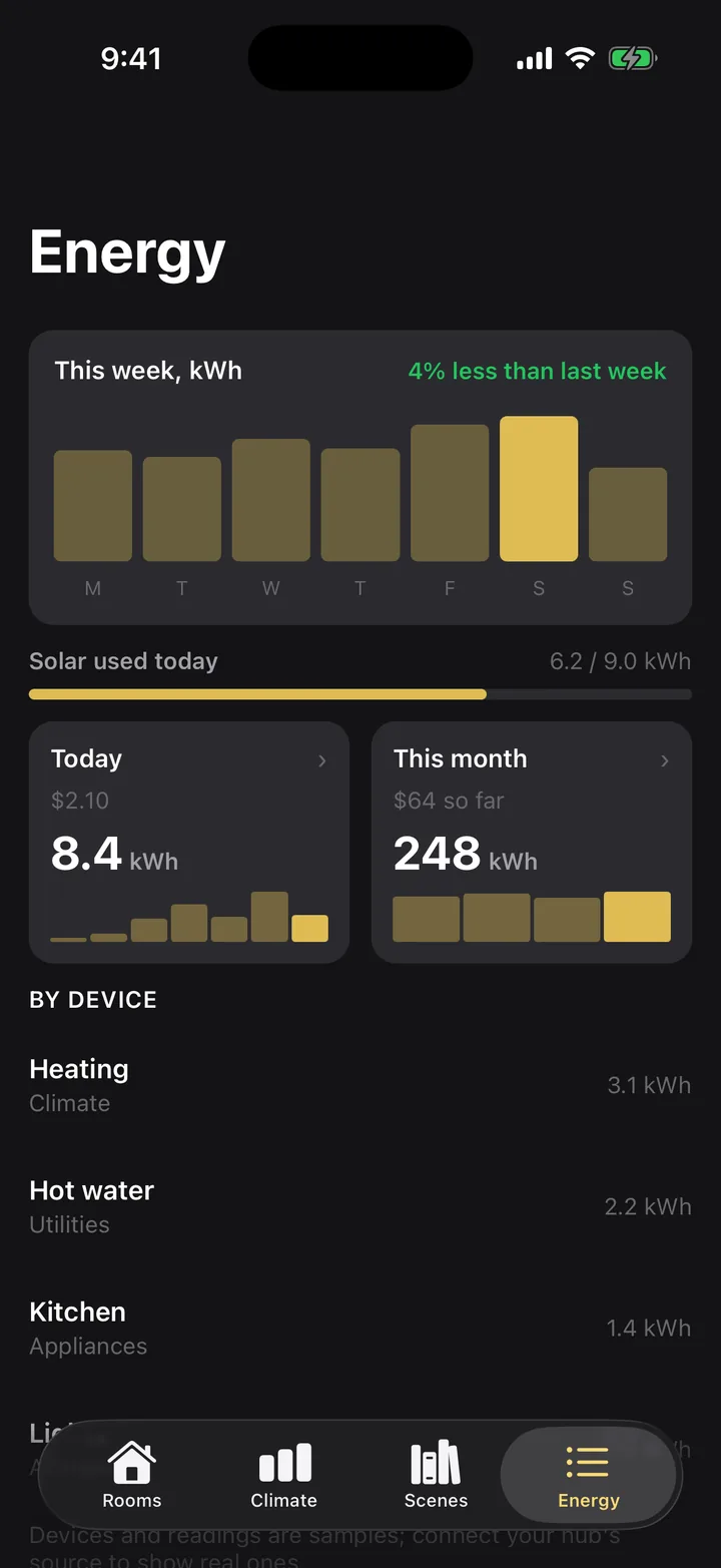 Hearth: Energy on iOS, dark