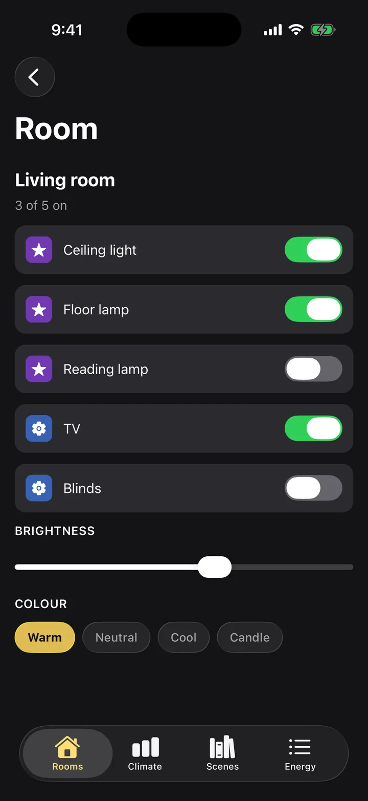 Hearth: Room on iOS, dark