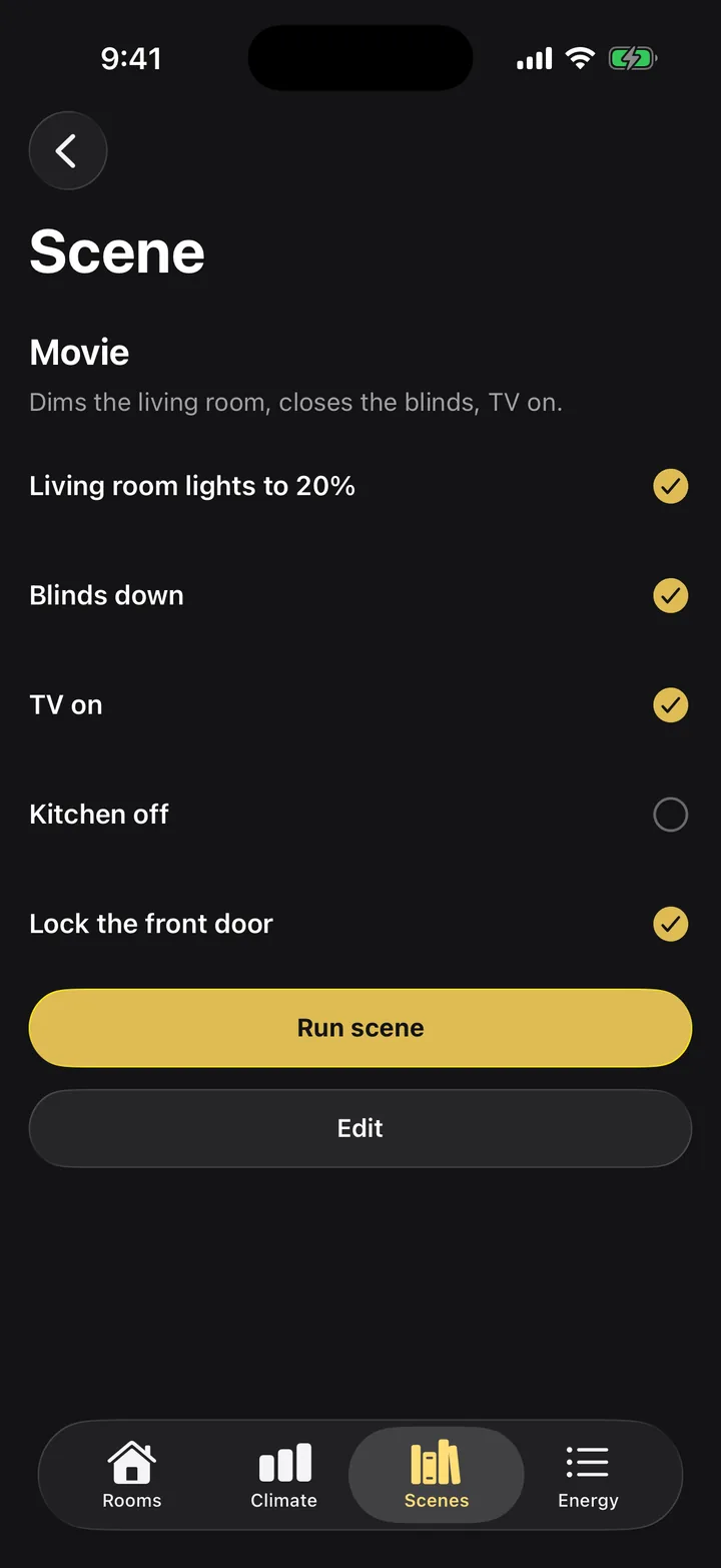 Hearth: Scene on iOS, dark