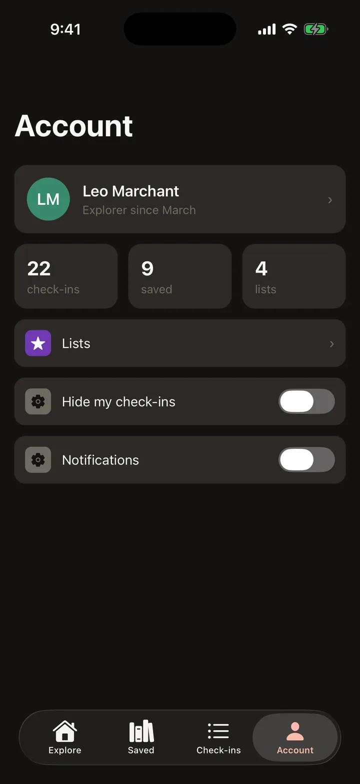 Laneways: Account on iOS, dark