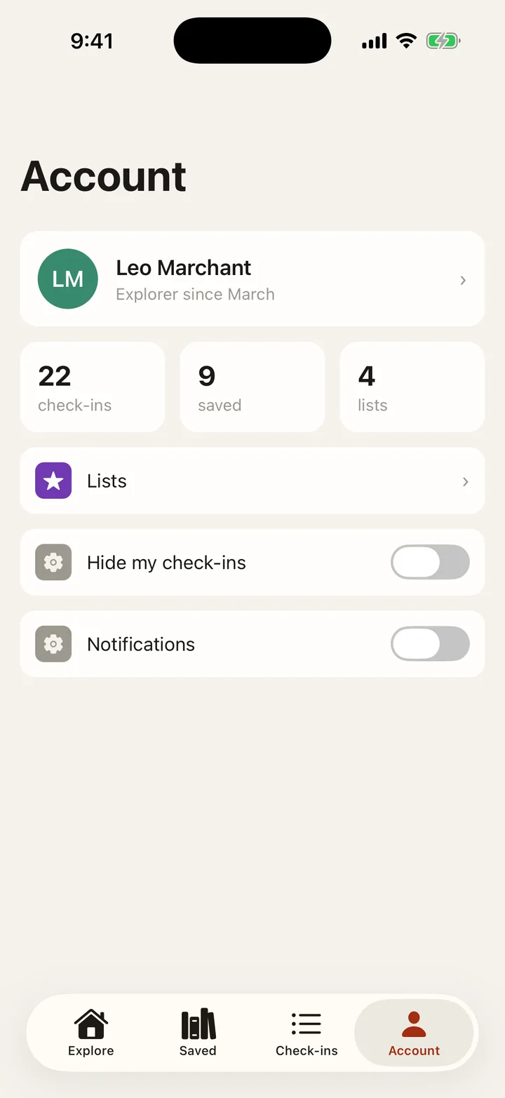 Laneways: Account on iOS, light